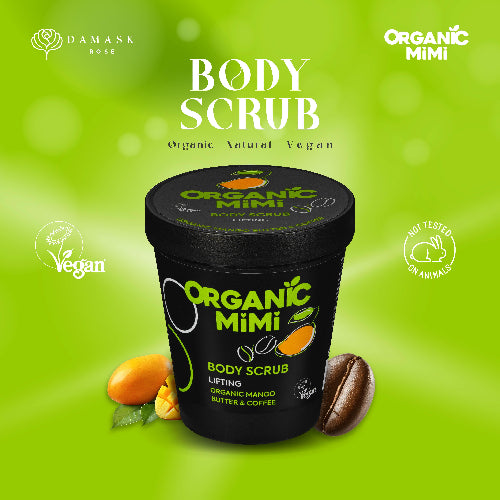 Organic Mimi body scrub container with ingredients on a green background