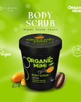 Organic Mimi body scrub container with ingredients on a green background