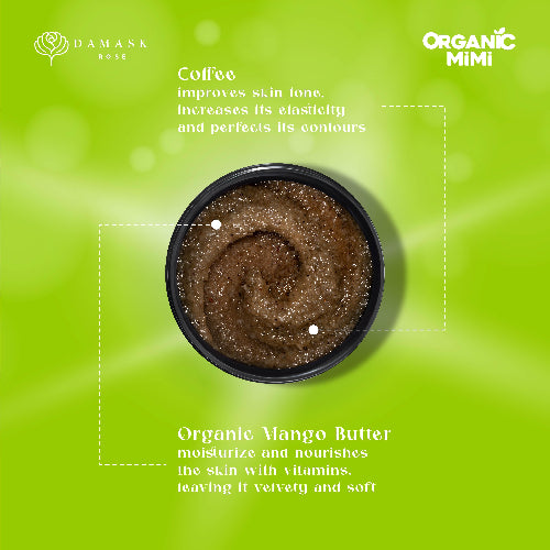 Container of brown organic scrub with text on a green background, featuring Organic Mimi branding.