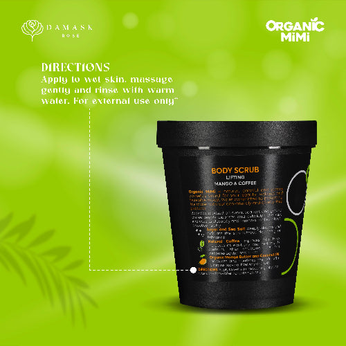 Black body scrub container with text on a green background, featuring Organic Mimi branding.