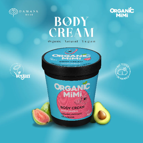 Organic Mimi body cream with guava and avocado on a blue background