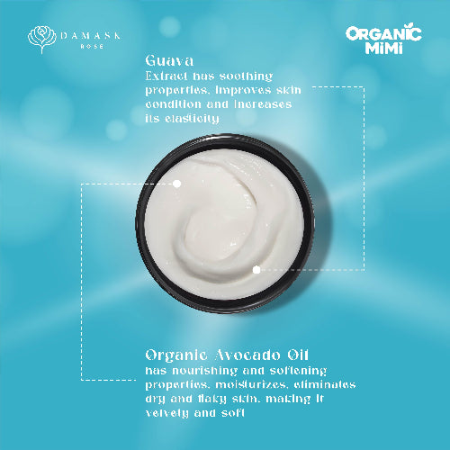 Cosmetic product with text about guava extract and organic avocado oil on a blue background