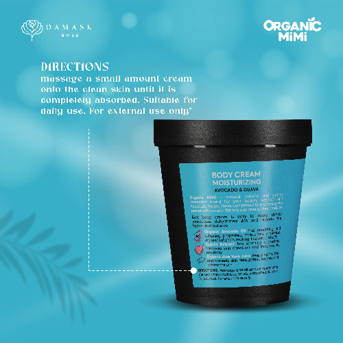 Body cream container with branding and product details on a blue background
