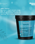 Body cream container with branding and product details on a blue background