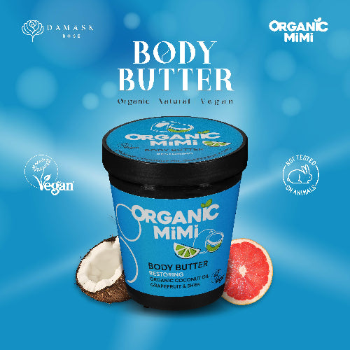 Organic Mimi body butter container with coconut and grapefruit on a blue background