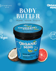 Organic Mimi body butter container with coconut and grapefruit on a blue background