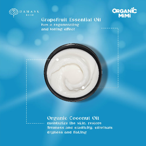 Container of organic coconut oil with text about grapefruit essential oil on a blue background