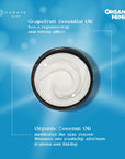 Container of organic coconut oil with text about grapefruit essential oil on a blue background