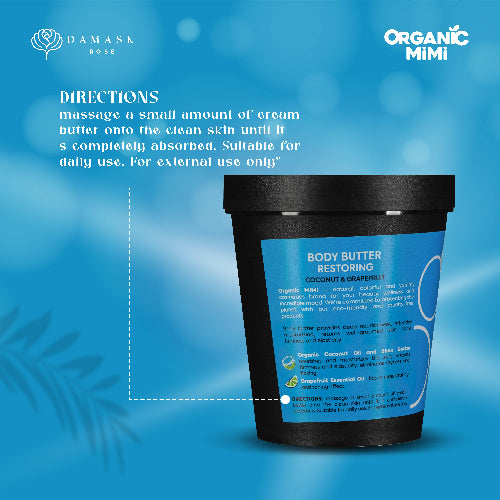 Body butter container with blue label on a blue background, featuring Organic Mimi branding.