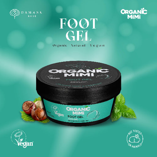 Organic Mimi foot gel jar with mint leaves on a teal background