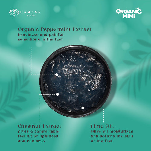 Product container with text about ingredients on a teal background