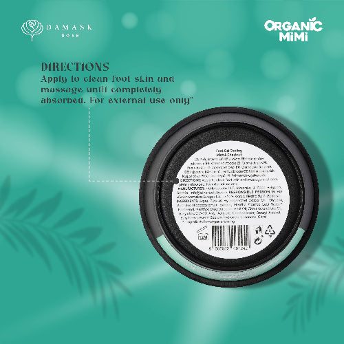 Back of a cosmetic container with 'Organic Mimi' branding and product directions on a teal background.
