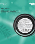 Back of a cosmetic container with 'Organic Mimi' branding and product directions on a teal background.