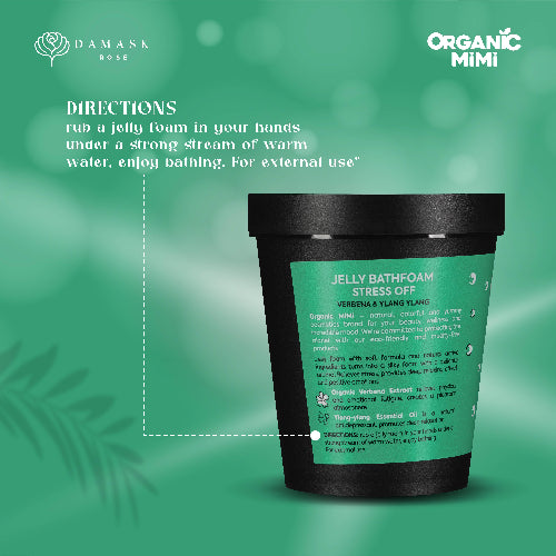 Jelly bath foam container with green label on a green background, featuring Organic Mimi branding.