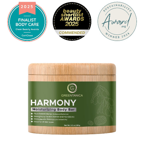 Greenutancia Harmony moisturizing body bar with awards on a white background