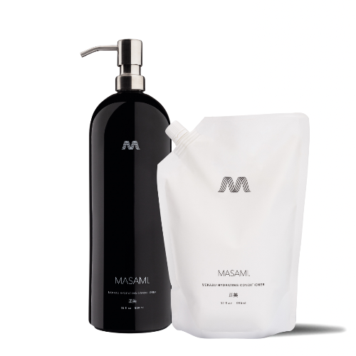 A black ceramic refillable conditioner bottle with a pump dispenser, alongside a white pouch packaging, both labeled with 'MASAMI'.