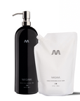 A black ceramic refillable conditioner bottle with a pump dispenser, alongside a white pouch packaging, both labeled with 'MASAMI'.