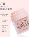 Noori Girl & Goat Moisturizer with product details on a light pink background