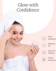 Woman with towel on head holding a skincare product with text 'Glow with Confidence' and benefits listed.