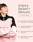 Promotional image for science-backed skincare for teens and tweens with a smiling person wearing a pink and black outfit.
