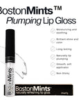 Boston Mints plumping lip gloss with product details on a white background