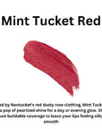 Lipstick swatch labeled 'Mint Tucket Red' with product description text.