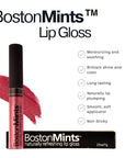 Boston Mints lip gloss with product details on a white background