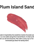 Lipstick swatch labeled 'Plum Island Sand' with description text.