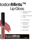 Boston Mints lip gloss with product details on a white background