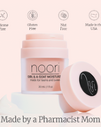 Noori moisturizer jar with a pink lid on a light background