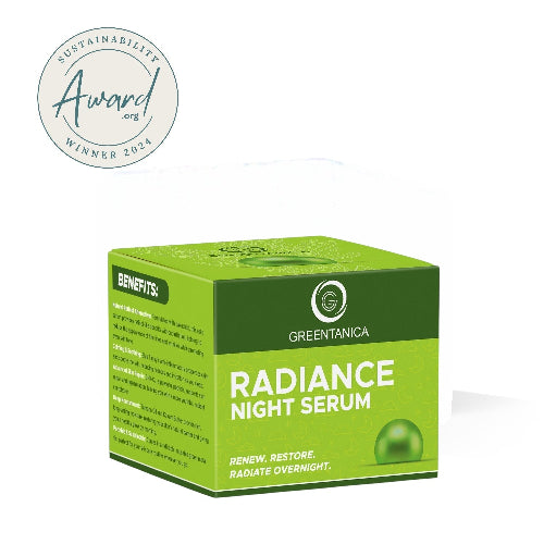 Greenanica Radiance Night Serum packaging with sustainability award badge on a white background