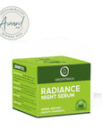 Greenanica Radiance Night Serum packaging with sustainability award badge on a white background