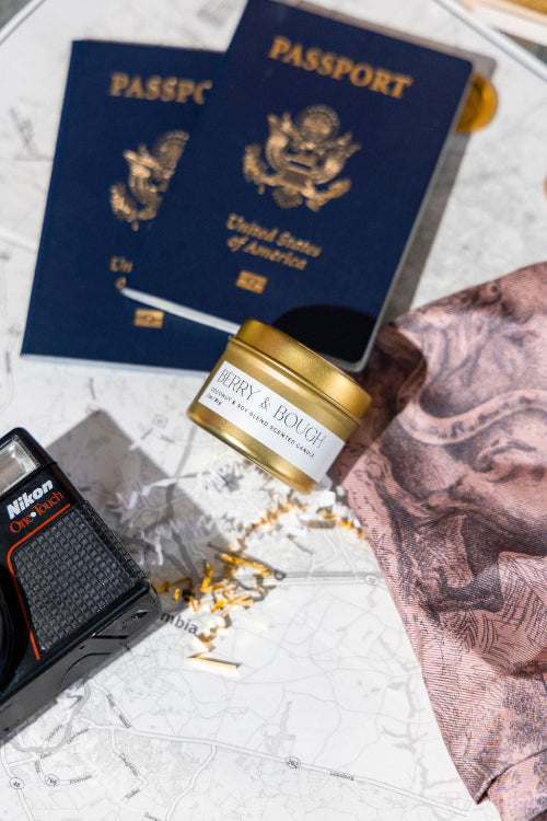 Berry & Bough Pivotal Moments travel candle with passports