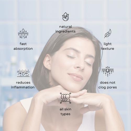 Woman with text overlay about skincare product benefits on a light blue background