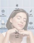 Woman with text overlay about skincare product benefits on a light blue background