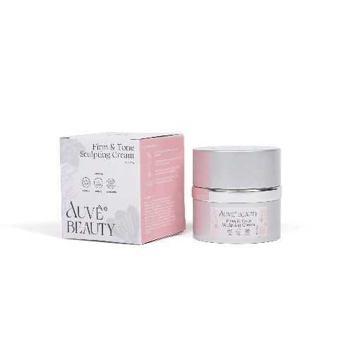 Auve® Beauty Firm & Tone Sculpting Cream packaging and container, with the product box being primarily white and pink and the jar being silver with a pink label.