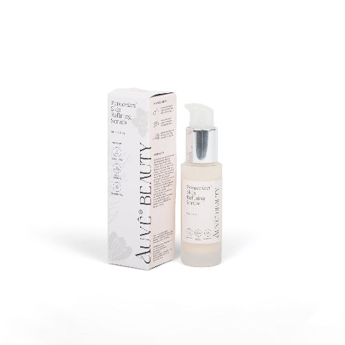 A bottle of Porecelain™ Skin Refining Serum by Auve® Beauty with its packaging box. The packaging is predominantly white with text and branding, and the bottle is clear with a pump dispenser.