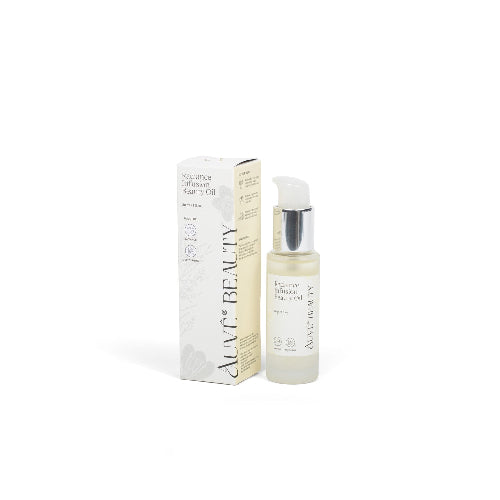 Ave Beauty Radiance Infusion Beauty Oil packaging and bottle, with the product box being light yellow and white with text, and the bottle being transparent with a dropper.