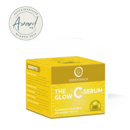 Yellow box of Greentanica C-Serum with sustainability award badge on white background