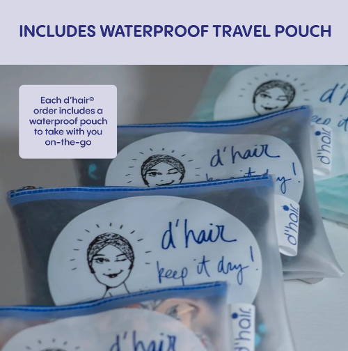 Waterproof travel pouches with 'd'hair' branding on a blurred background