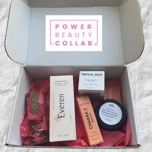 Open box containing beauty products with 'Power Beauty Collab' label.