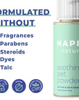 Naprin Naturals soothing pet powder with ingredients list and product packaging.