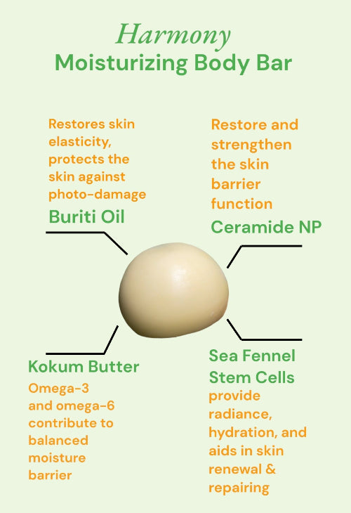 Harmony Moisturizing Body Bar with ingredients listed on a green background