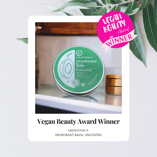 Greenantica deodorant balm with 'Vegan Beauty Award Winner' badge on a white background