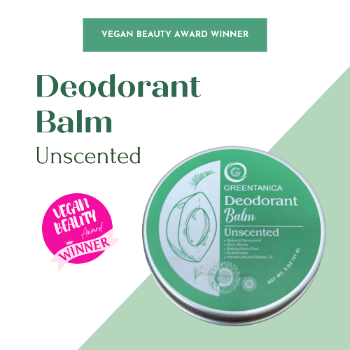 Deodorant balm container with 'Vegan Beauty Award Winner' label on a green and white background