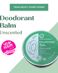 Deodorant balm container with 'Vegan Beauty Award Winner' label on a green and white background