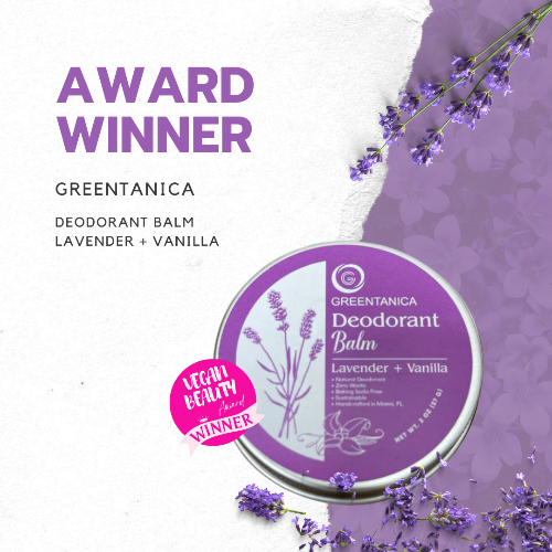 GreenTanica Deodorant Balm packaging with lavender and vanilla theme, featuring 'Award Winner' text.