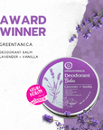 GreenTanica Deodorant Balm packaging with lavender and vanilla theme, featuring 'Award Winner' text.