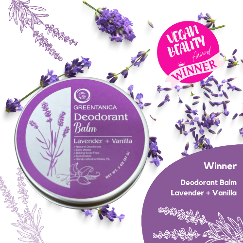 Greentanica Lavender + Vanilla Deodorant Balm with lavender flowers on a white background
