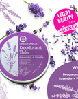 Greentanica Lavender + Vanilla Deodorant Balm with lavender flowers on a white background